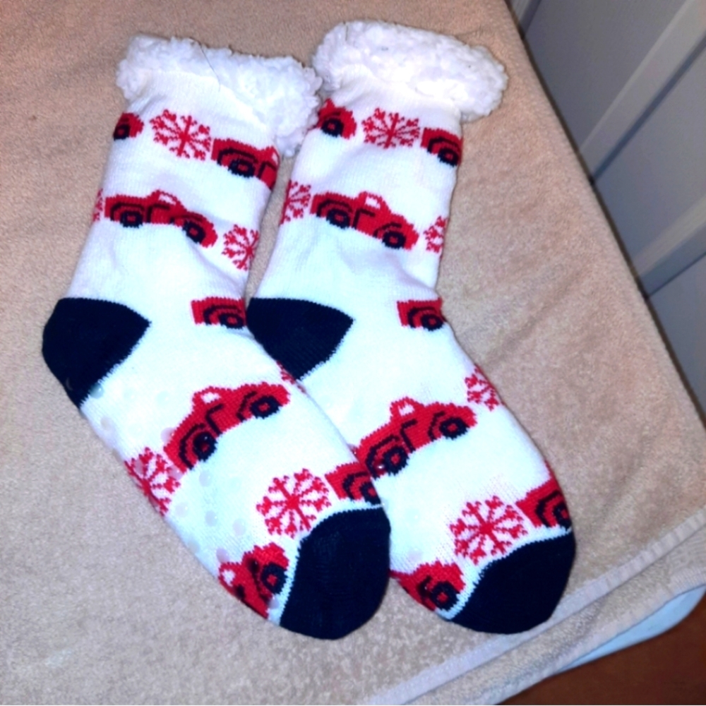 Christmas Bundle..Red Truck slipper socks and Red car Christmas Earrings NWNT